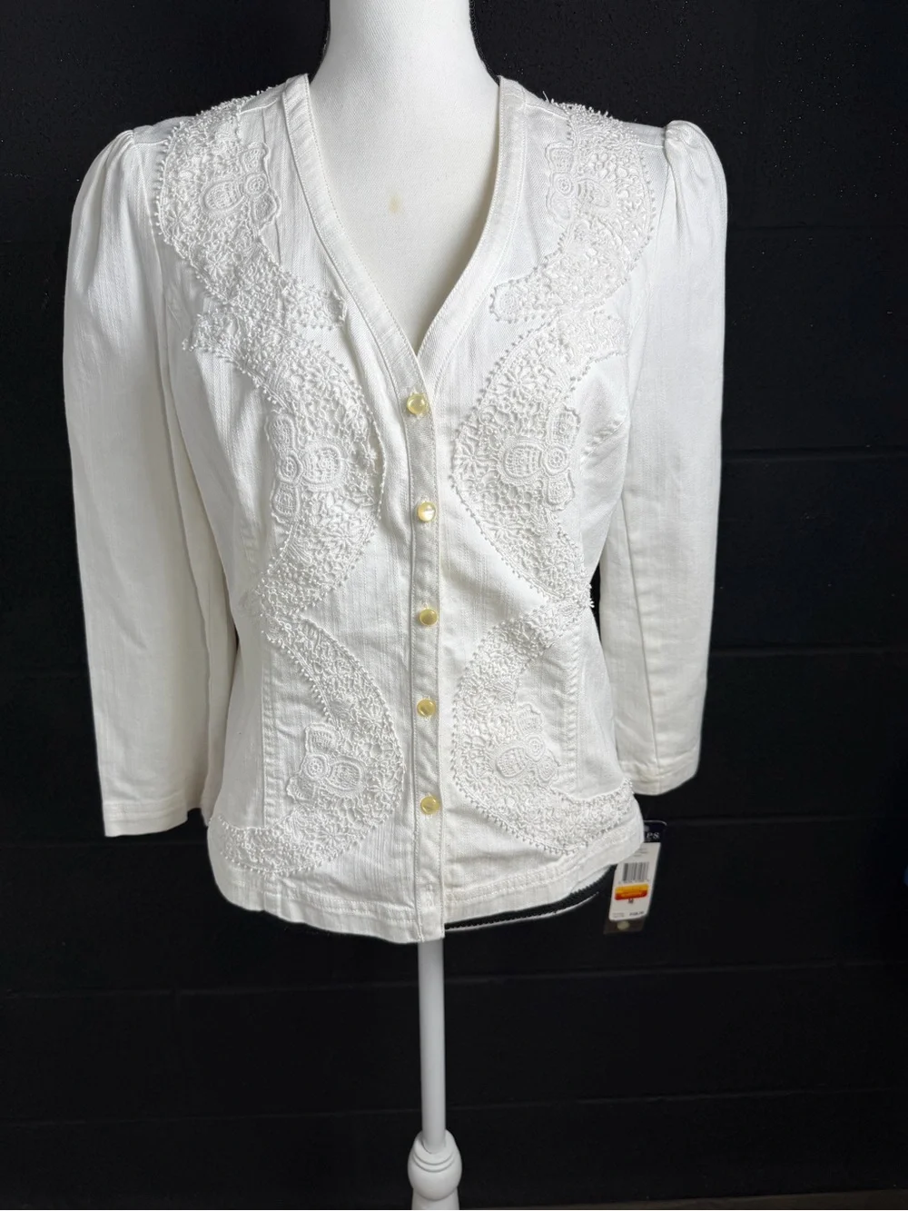 Chaps White Embroidered Button-Front Women’s Shirt/Jacket , puff sleeve NWT Med